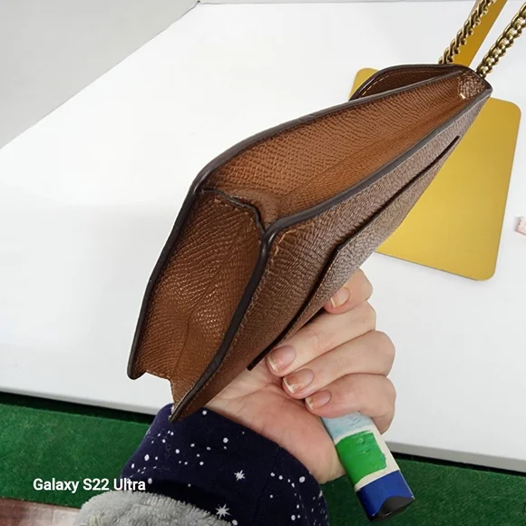 Coach Brown/Tan Leather Crossbody Phone Bag Wallet Chain Strap Gold Hardware - Picture 5 of 13